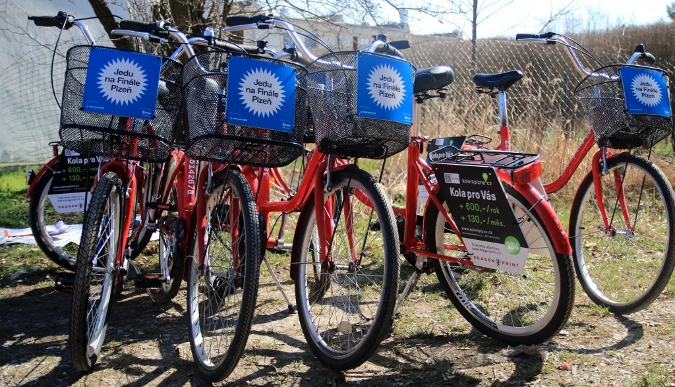 To transport around Pilsen you can use red bike-sharing bikes of Kolemplzně.